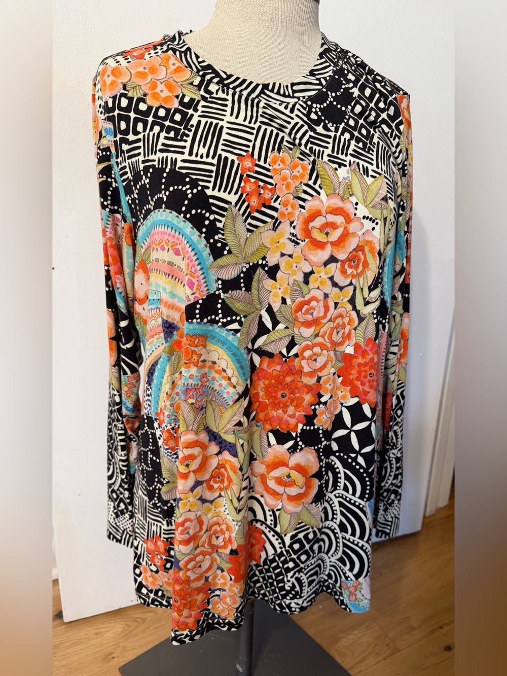 Beautiful Johnny Was Black Floral & Multicolor Long Sleeve Top, Soft and Classy